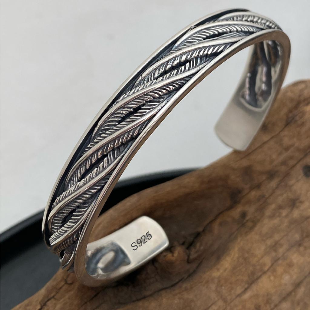 PANJBJ 925 Sterling Silver Feather Adjustable Couple Bangle Gothic Punk Design Women Jewelry Gift Lucky Bracelet Dropshipping