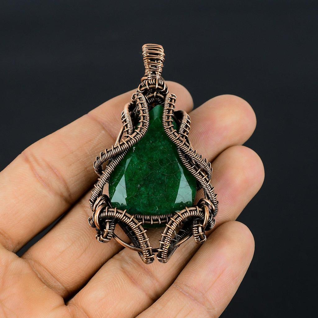 Emerald Pendant, 999 Copper Wire Wrapped Pendant Gemstone Jewelry, Handmade Pendant Amazing Jewelry, Gift For Her