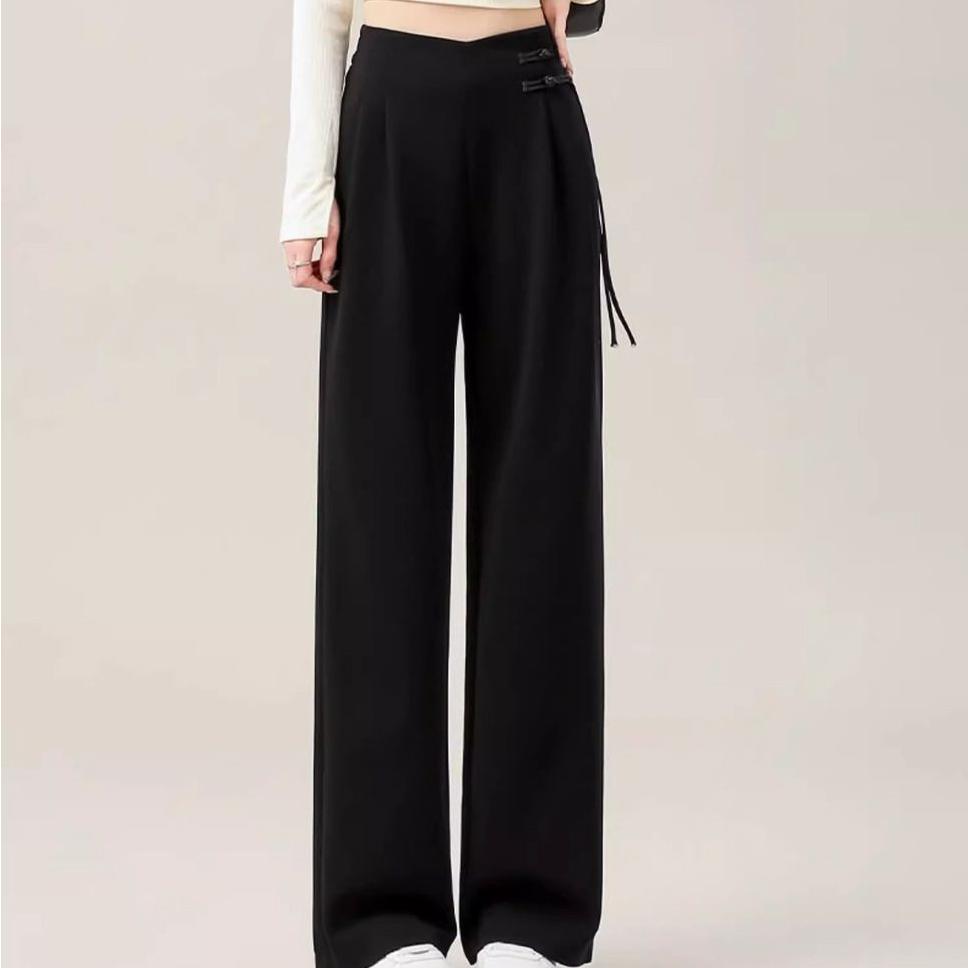 Elegant High Waist Wide Leg Pants with Ancient Button Design for Women