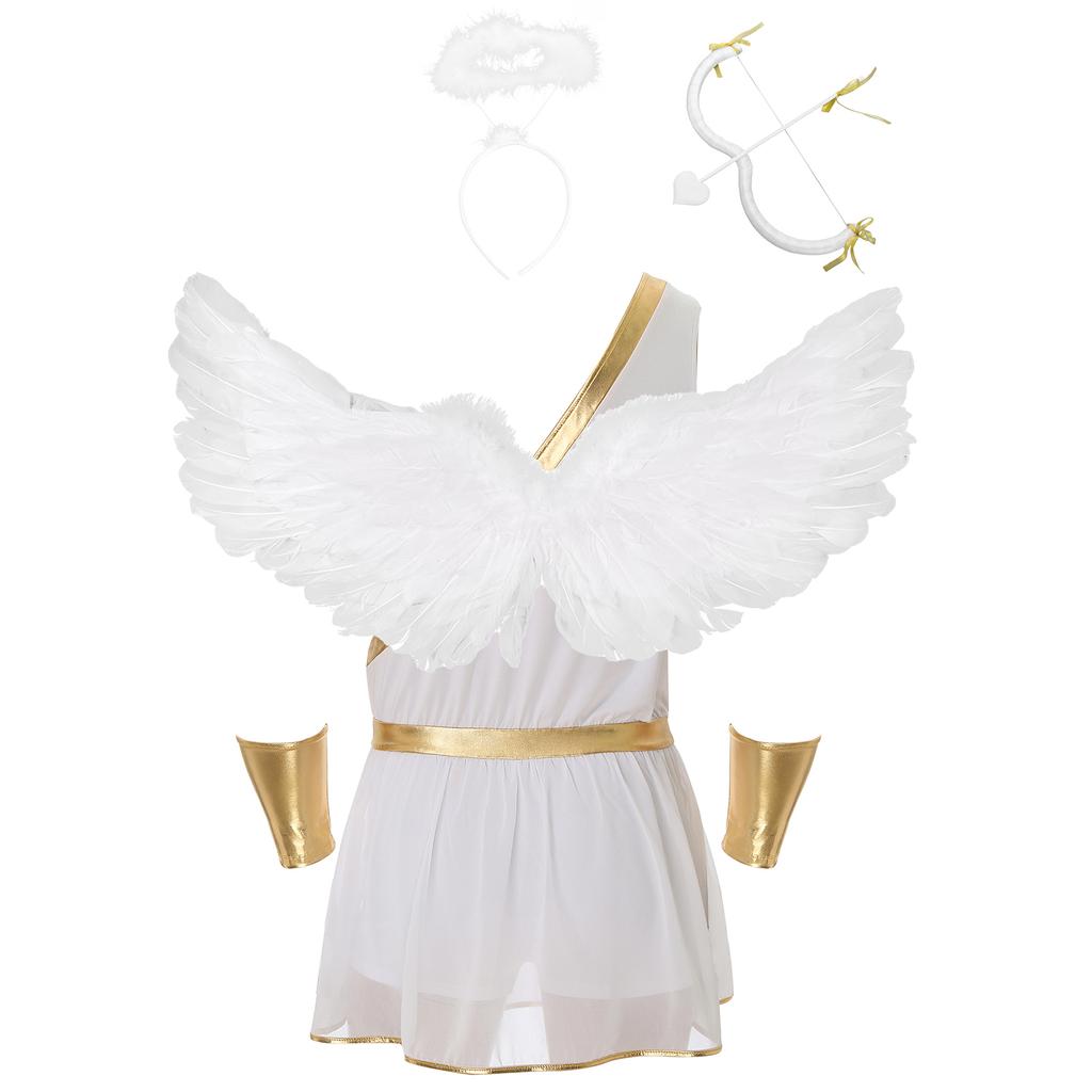 Mens Cupid Costume Set Romper Jumpsuit Detachable Sleeves Feather Angel Wings Headwear M Shaped Bow Heart Arrow