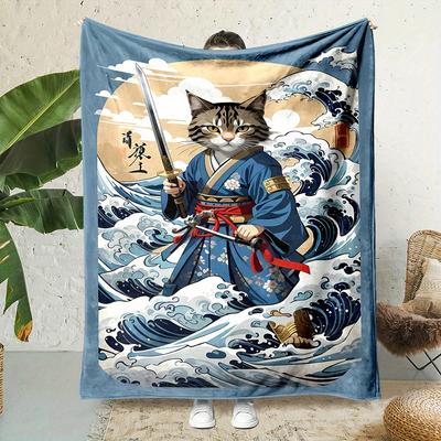 Contemporary Reversible Flannel Throw Blanket, Cartoon Samurai Cat Print, All-Season Cozy Polyester Bedding, Non-Woven Craftsman