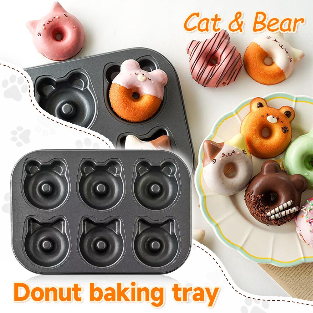 6Cup DIY Donut Baking Tools Cartoon Cute Bear Cat Chocolate Cake Baking Tray Non-Stick Metal Donut Mold Muffin Bread Tray Pan