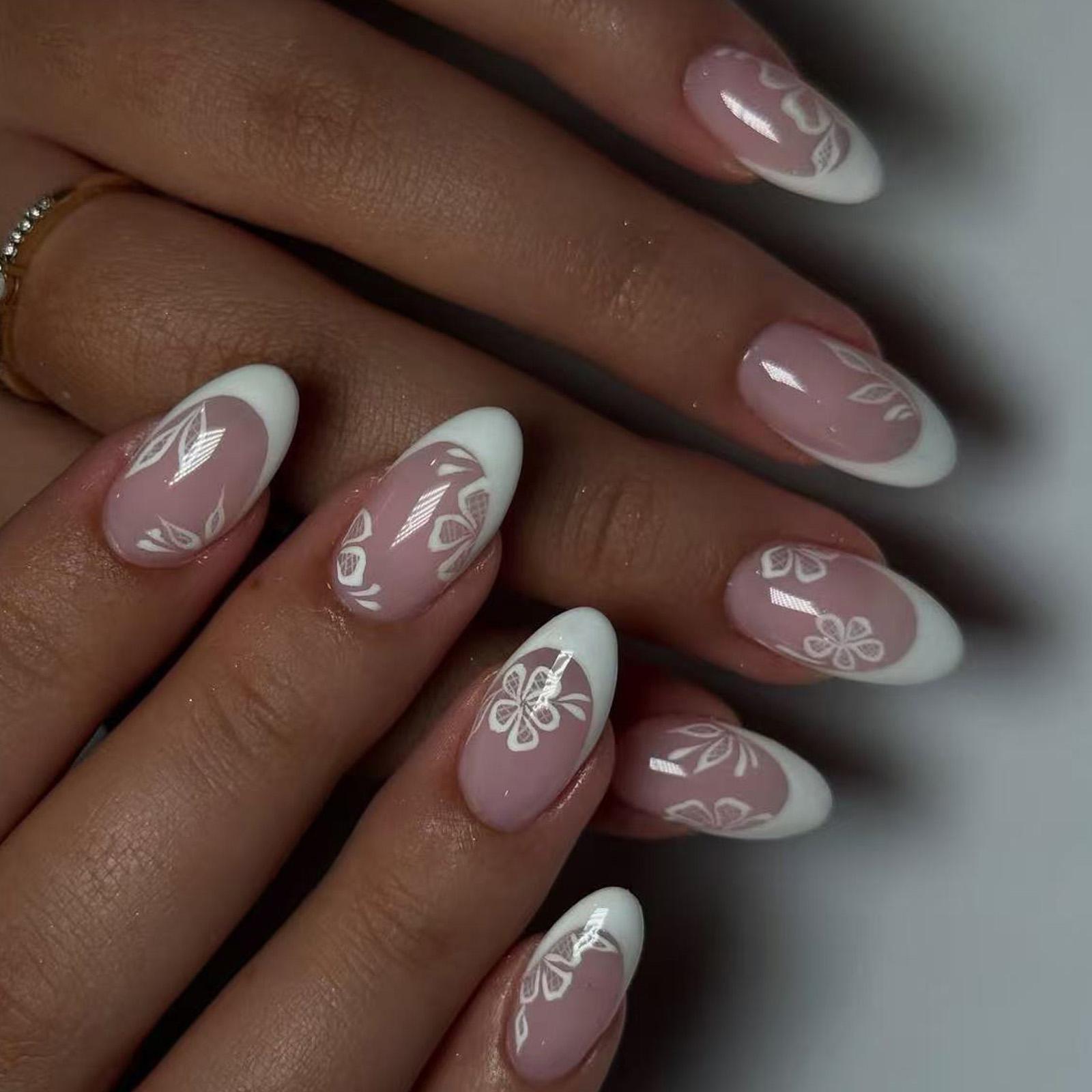 

Накладные ногти короткие миндалевидные французские акриловые накладные ногти с полным покрытием дизайн с цветами накладные ногти для женщин и девушек