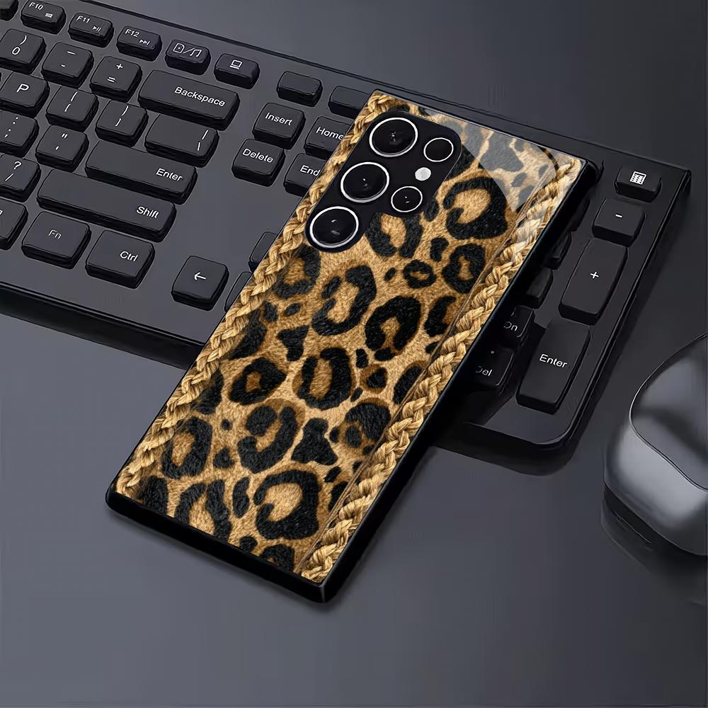 Leopard Pattern Black Glass Phone Case Suitable for Samsung Galaxy S26 S25 S24 S23 S22 S21 S20FE/Ultra/Plus Anti Drop Back Cover