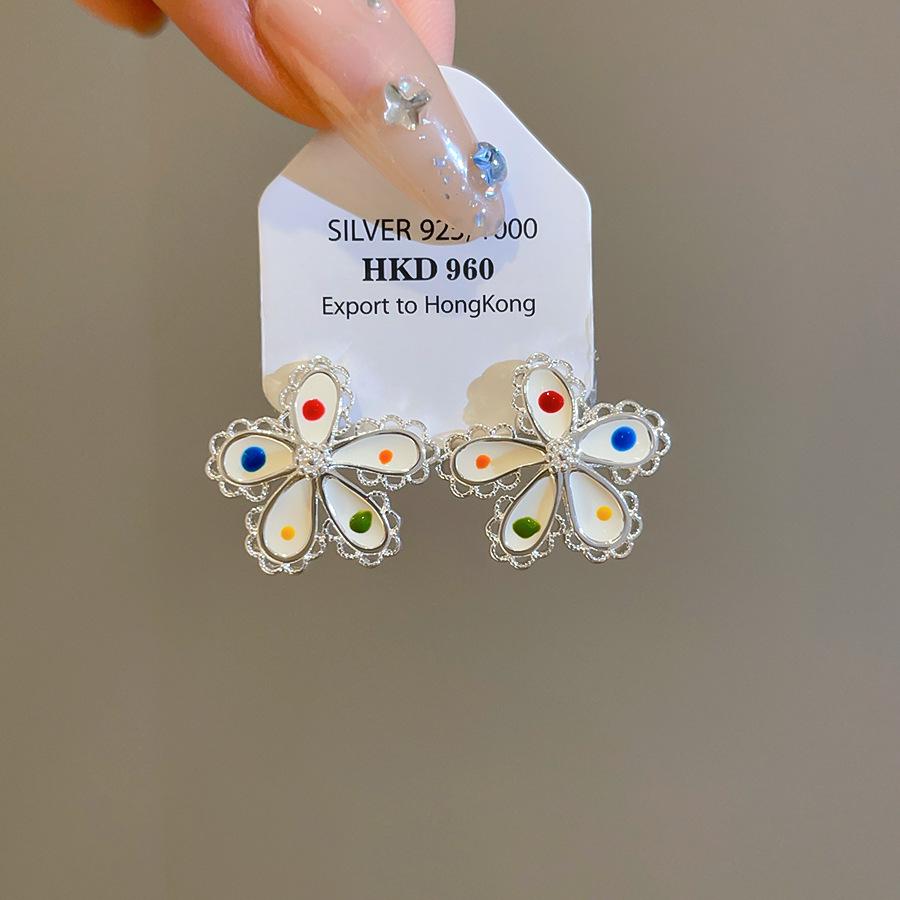 Silver Needle Zirconia Pearl Enamel Polka Dot Flower Stud Earrings - Fashionable and Cute Women's Accessories