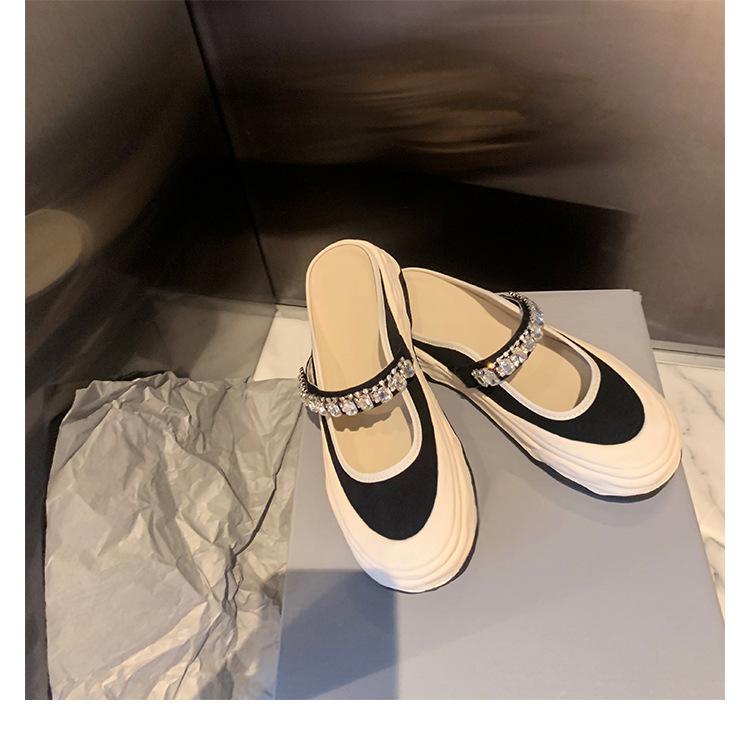 

Sheepskin version~ outer wear rhinestone platform canvas slippers women s summer canvas shoes bag head muffin genuine leather half slippers half tray 40