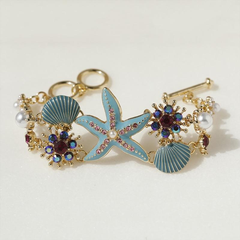 Fashion Marine Jewelry Starfish Pendant Necklace Shell Pearls Bracelet Alloy Texture Suitable for Women Beach Outfits