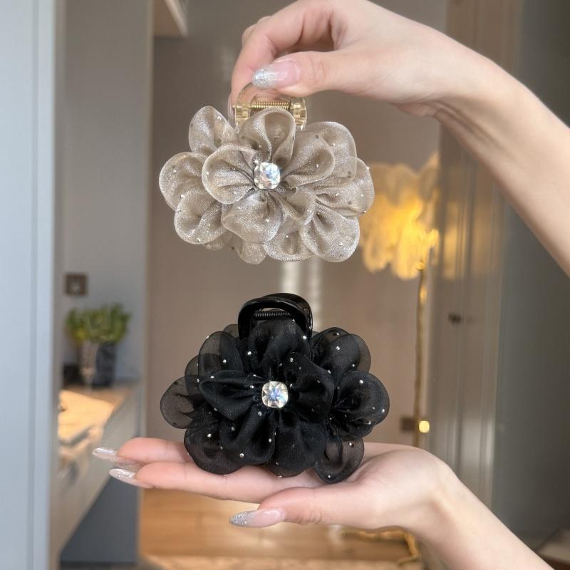Rhinestone Hair Clip for Woman Elegant Korean Mesh Flower Shark Clip Girl Ponytail Clip Hair Clamp