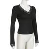 European Lace Patchwork Long Sleeve V-Neck T-Shirt