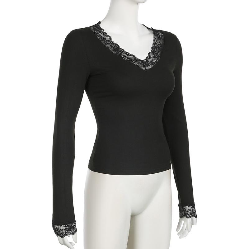 European Lace Patchwork Long Sleeve V-Neck T-Shirt