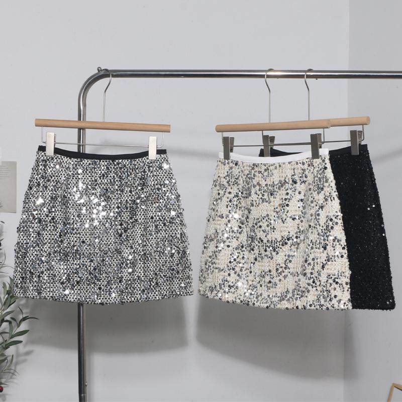 High-Waist Sequin Tweed A-Line Skirt - Anti-Exposure Design