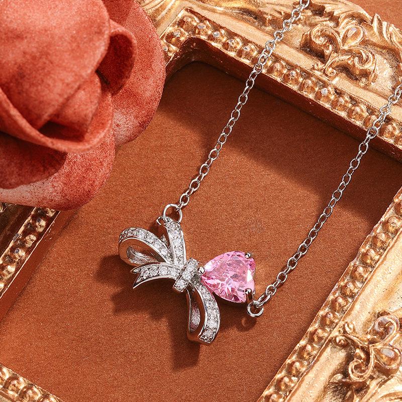 Send Girlfriend Feeling Flash Bow Necklace Niche Design Day Diamond Collarbone Chain Powder Simple Women'S Zirconium Pendant