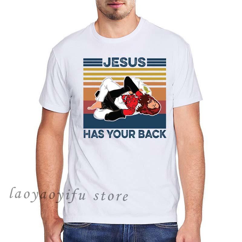 Men Clothing Jesus Has Your Back Jiu Jitsu Vintage Christian Short-sleev Tops Male Kawaii Clothing Oversized T Shirt Ropa Hombre