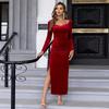 2024 European-American Velvet Sweetheart Slit Dress - Slim-Fit, Long-Sleeve, Mid-Length for Autumn/Winter