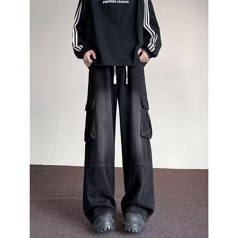 American High Street Pocket Tooling Jeans Men's Straight Casual Loose Wide-leg Pants Trendy Brand Washed Retro Trousers