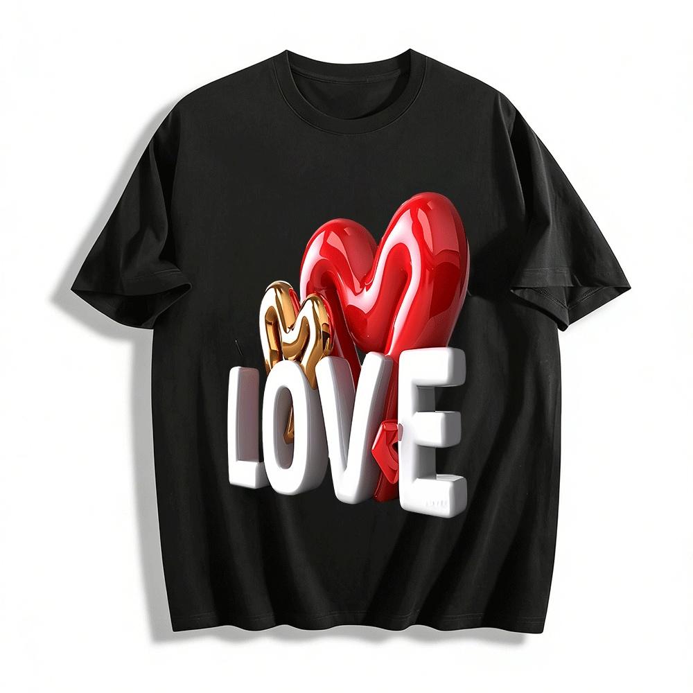 

Love Heart Print Couple Style Casual Loose Crew Neck Short Sleeve T-Shirt Pure cotton T-shirt XXS