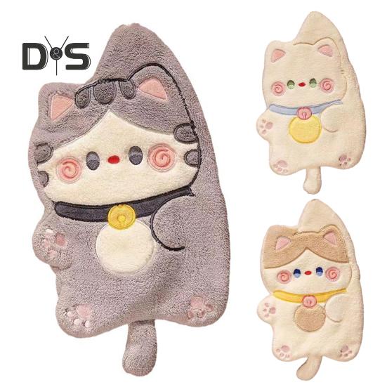 Kitchen Hand Towel Cartoon Cat Shape Highly Water Absorbent Coral Fleece Reusable Bathroom Hanging Towel Home Decoration Face Washing Towel