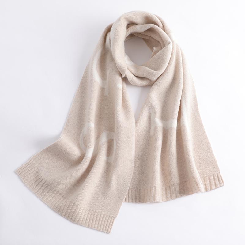 

Осенне-зимний новый шерстяной шарф женский двухсторонний вязаный шарф с буквенным принтом модный утолщенный теплый кашемировый шарф Above 175cm бежевый