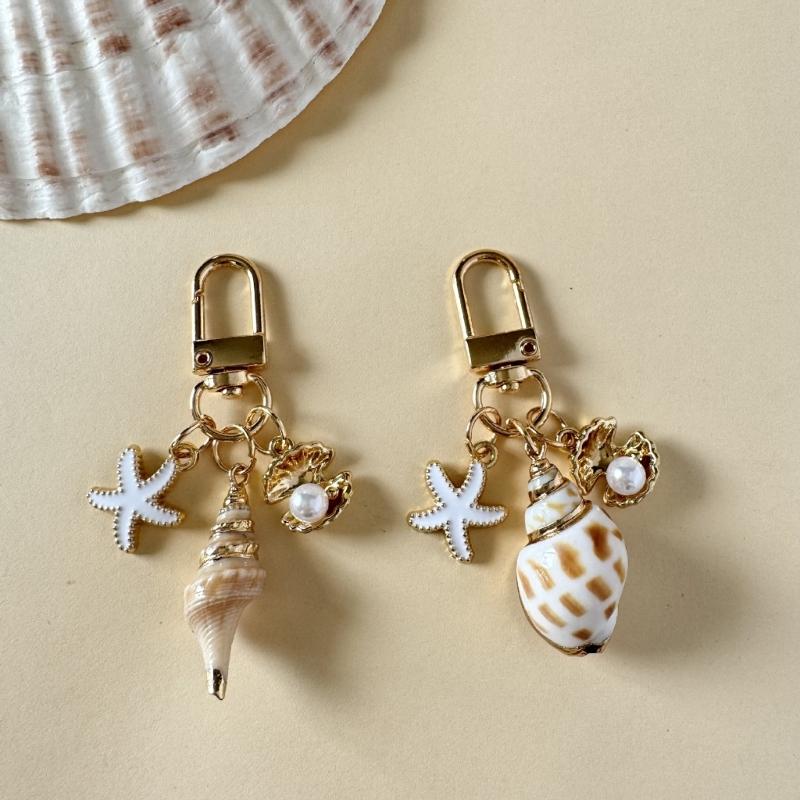 Oceanic Shell Alloy Keychain Pearls Accent Lightweight Versatile Purse Charm Jewelry Multi Functional Accessory