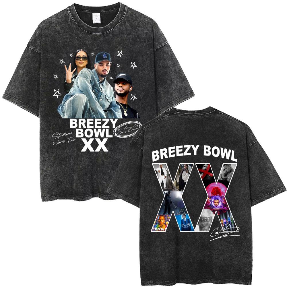 Rapper Chris Brown Breezy Bowl XX Tour  Vintage Washed Tshirts Men Women Hip Hop Fashion T Shirts Male Cotton Retro Tshirt