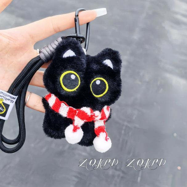 Upgraded Hook Squeaky Black Cat Bag Charm: Cute Plush Backpack Keyring