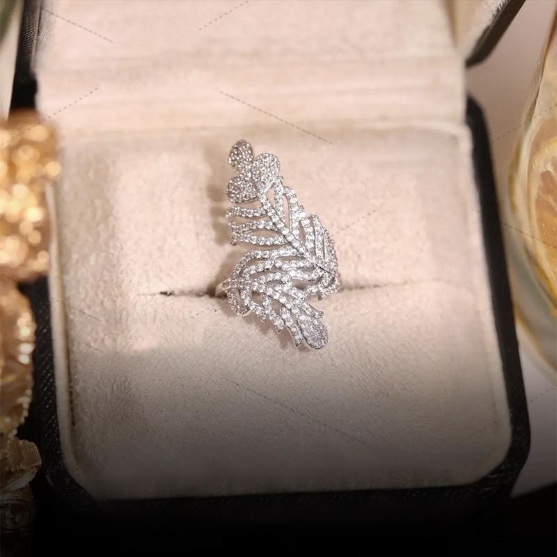 Elegant Zirconia Feather Open Ring - Light Luxury Versatile Design Adjustable Open Size