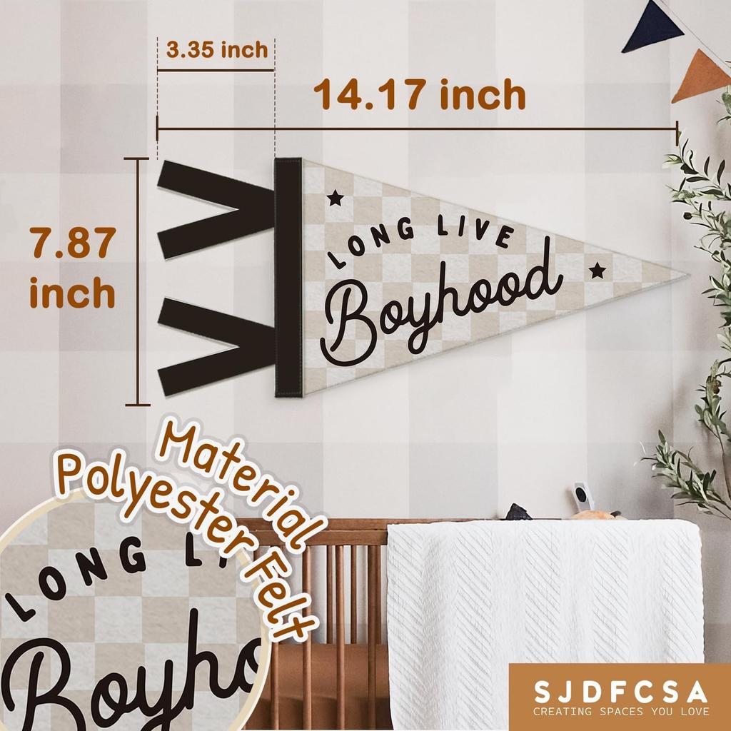 Boys Room Decor, Long Live Boyhood Wall Hanging Pennant Flag Banner, Preppy Neutral Checkerboard Wall Decorations for Nursery Toddler Boys Bedroom