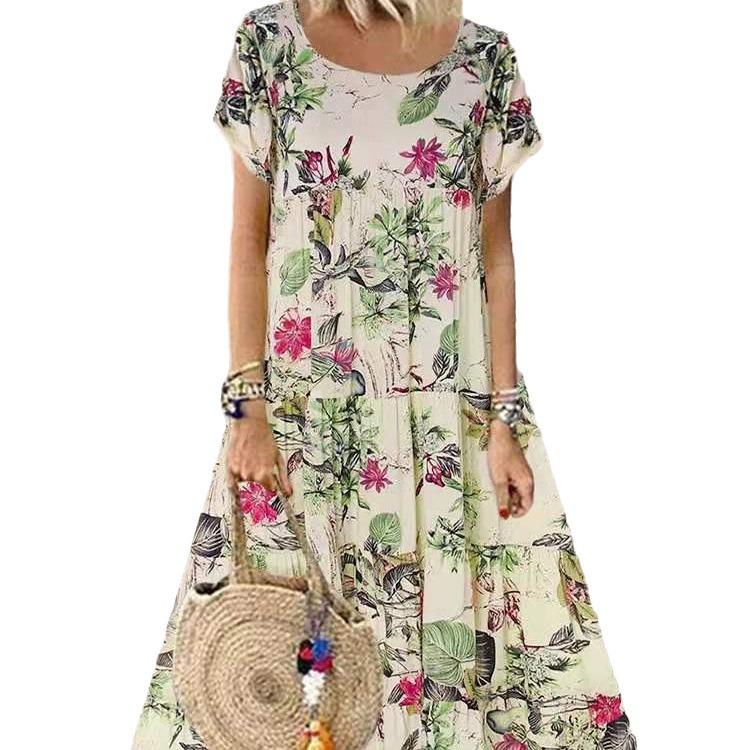 2024 Retro Floral Print Short-Sleeve Round-Neck Women's Dress