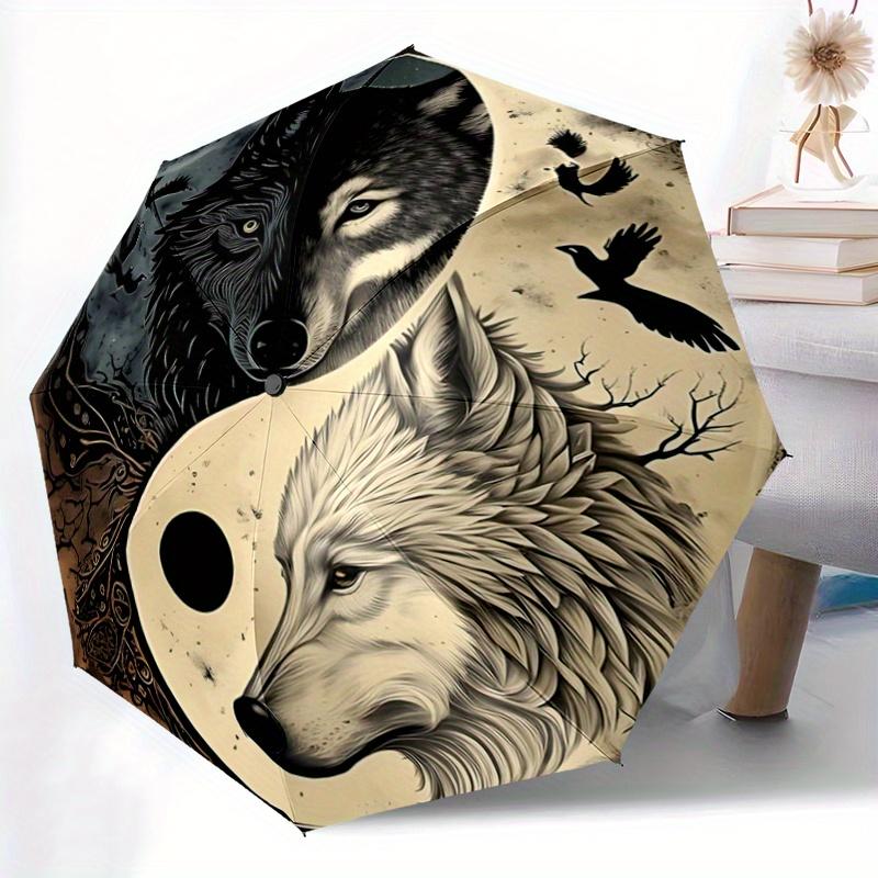 1pc Yin Yang Wolf Pattern Automatic 3-Fold Umbrella, 8 Iron Frames, High-Value Folding Umbrella, Suitable for Office, Travel and Outdoor Adv