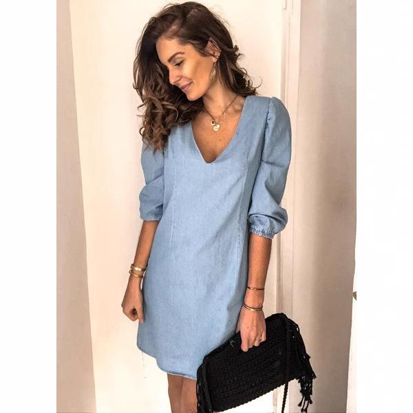 Spring Fashion Women's Dress Puff Long Sleeve V-neck Dresses Female Summer Elegant Loose Casual Clothes Ladies
