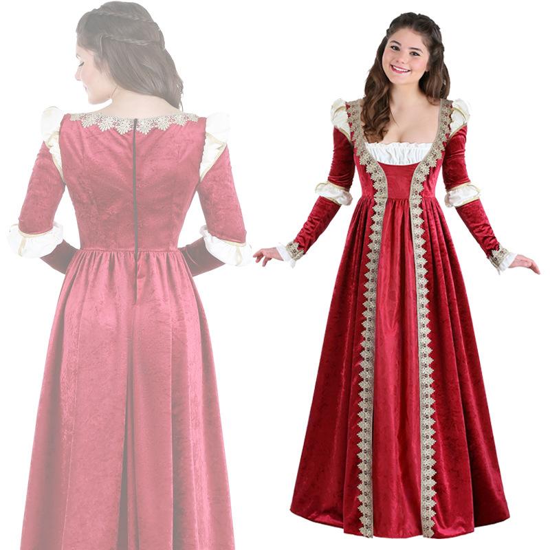 New Halloween Red Queen King Costume Vintage Lace Patchwork Lace Court Dress Dress