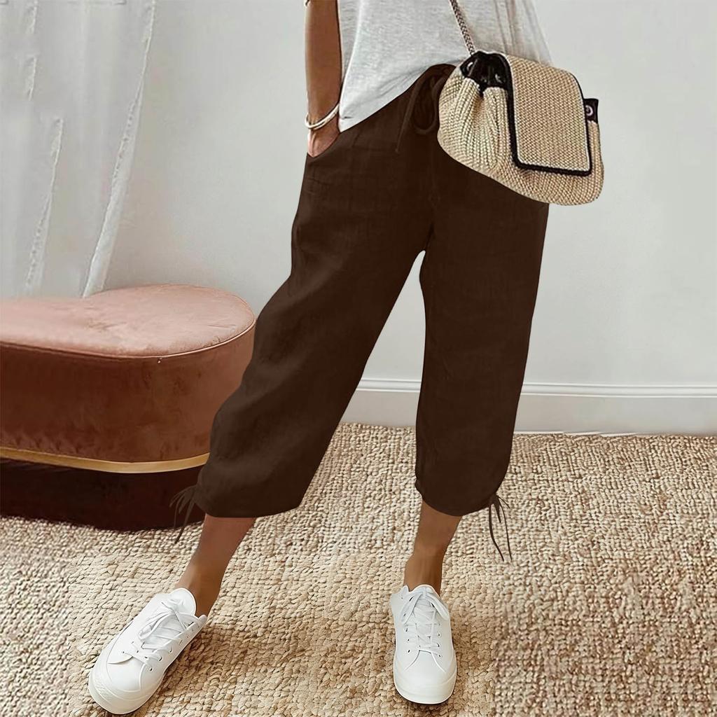 Women Loose Cotton Linen Drawstring Solid Pocket Casual Capri Pants