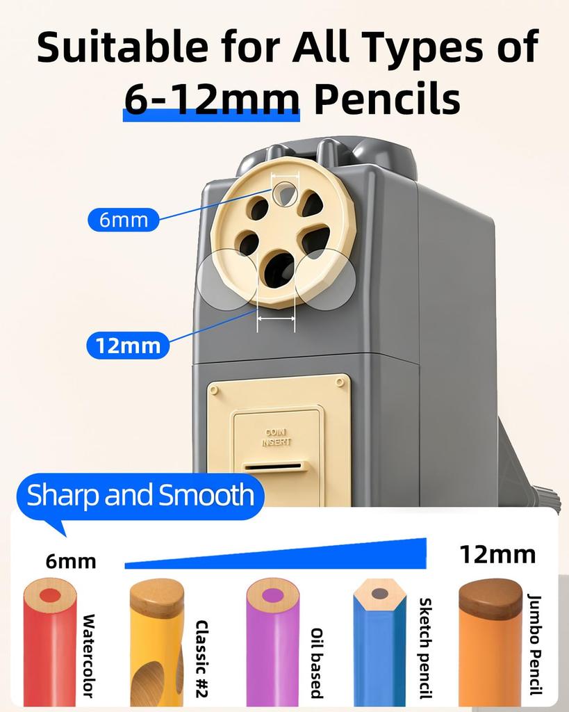 ZMOL Manual Hand Crank Pencil Sharpener for Colored 6 Adjustable for Gray Pencils, 6-9mm, Sizes, Handheld, Point, Kids, Students, Classrooms, Home,