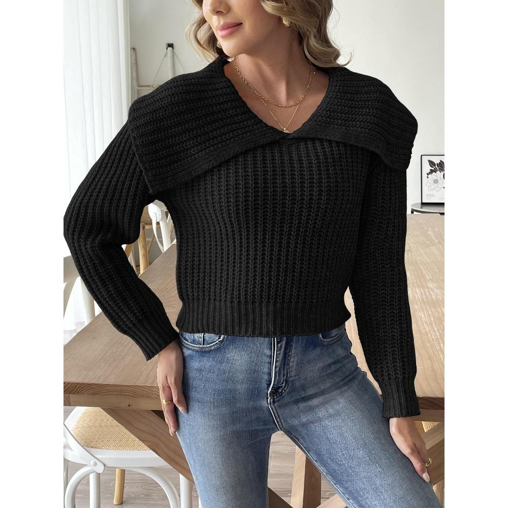 Women’s Cropped Top: New Autumn/Winter Knit Jumper with Large Lapel, Pull-Over Style