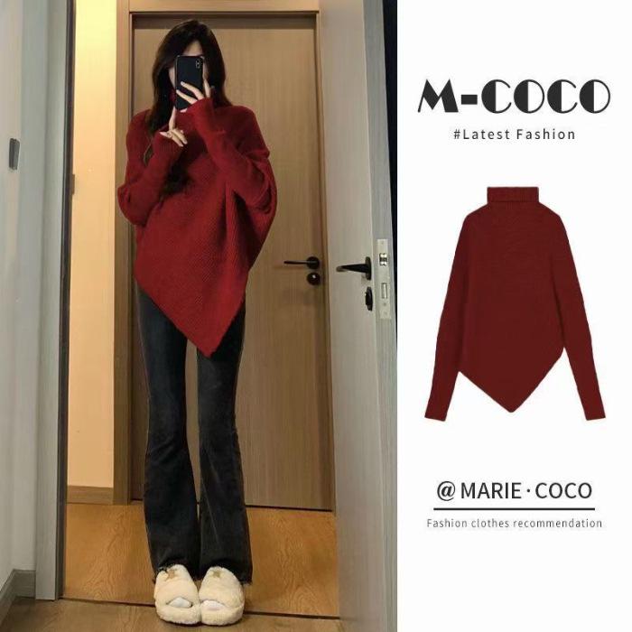 MULVAN Women's Irregular High Neck Batwing Sweater Top