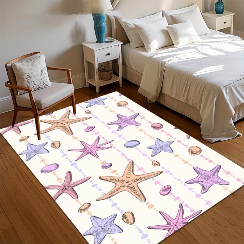 Watercolor Blue Sea Turtle Coral Area Rug Starfish Small Fish Ocean Plant Print Non Slip Carpet for Bedroom