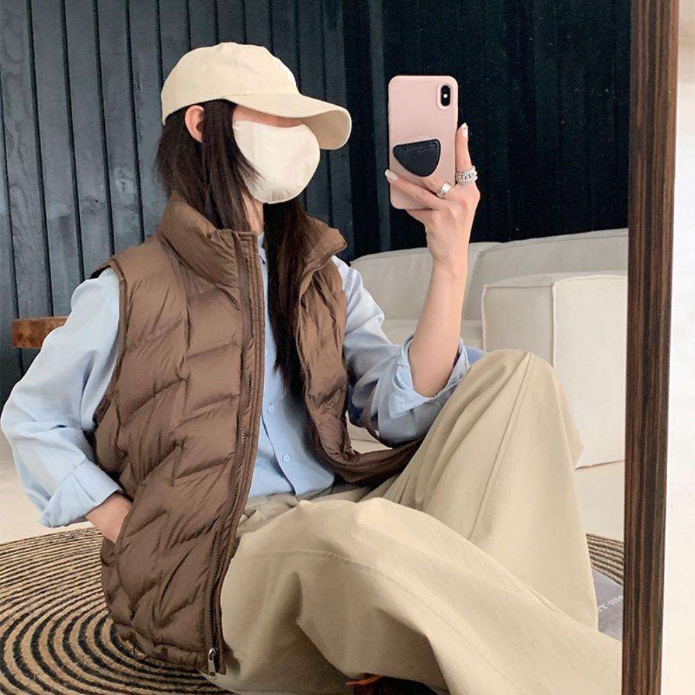

Cotton vest women s autumn and winter new Korean version stand-up collar short cotton vest pocket zipper light and slim vest XXL темно-коричневого кольору