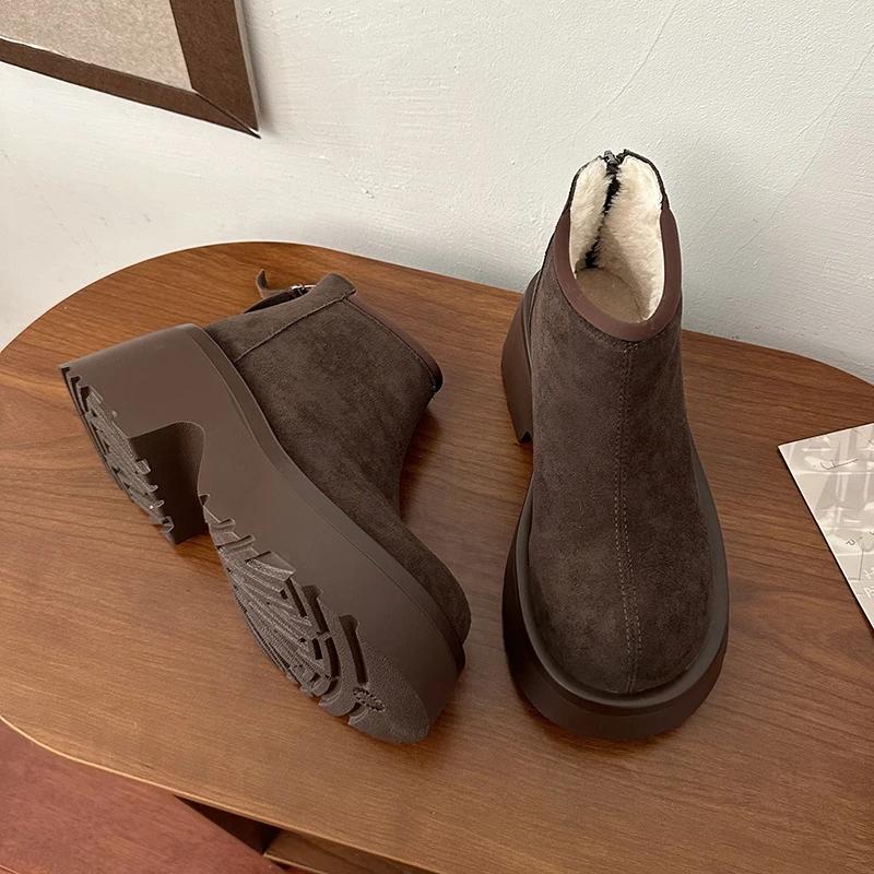 High Heels Suede Platform Ankle Snow Boots Women Plush Cotton Shoes Fashion Chunky Boots 2024 Trend Non Slip Pumps Botas Mujer