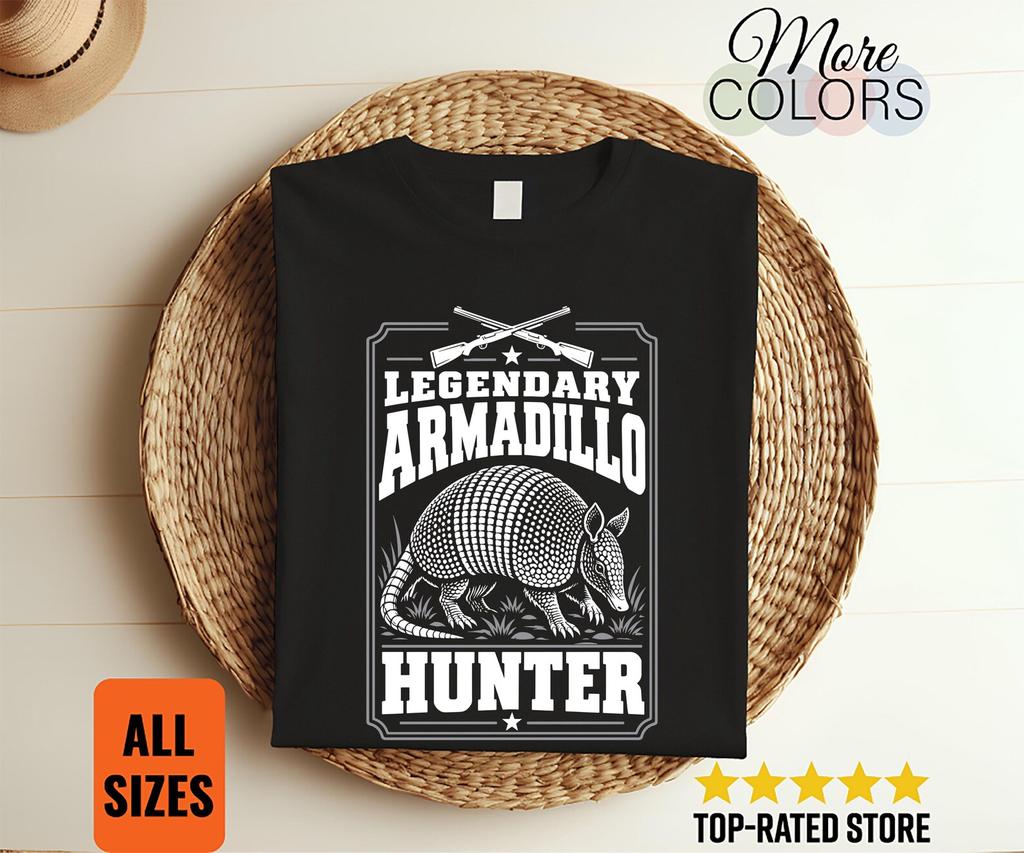 Legendary Armadillo Hunter Shirt, Wildlife Sketch Tee, Crossed Rifles Badge Design, Outdoorsman Holiday Gift, Hunting Camp Humor, Animal Art