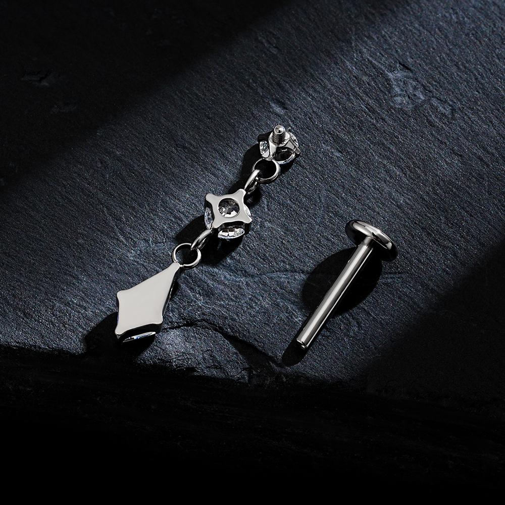 Right Grand ASTM F136 Titanium Dangling CZ Drop Piercing 16G Dangle Chain Kite Shape Cartilage Helix Stud Flat Back Earring
