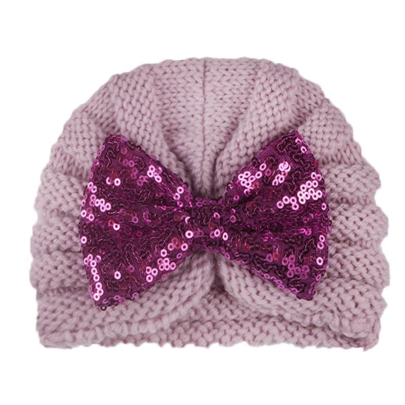New baby sequined knotted thermal hat in autumn and winter, cute baby bow knitted hat, children's hat