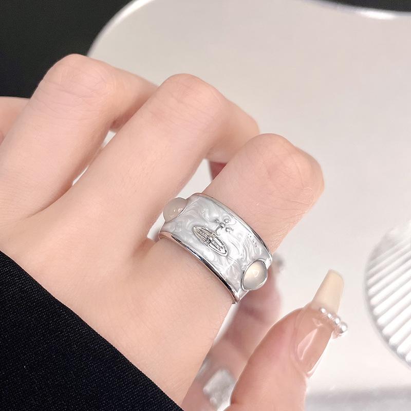 Niche Light Luxury Design Open Ring Light Luxury High Sense Saturn Planet Medieval Enamel Pearl Drop Glaze Ring Female
