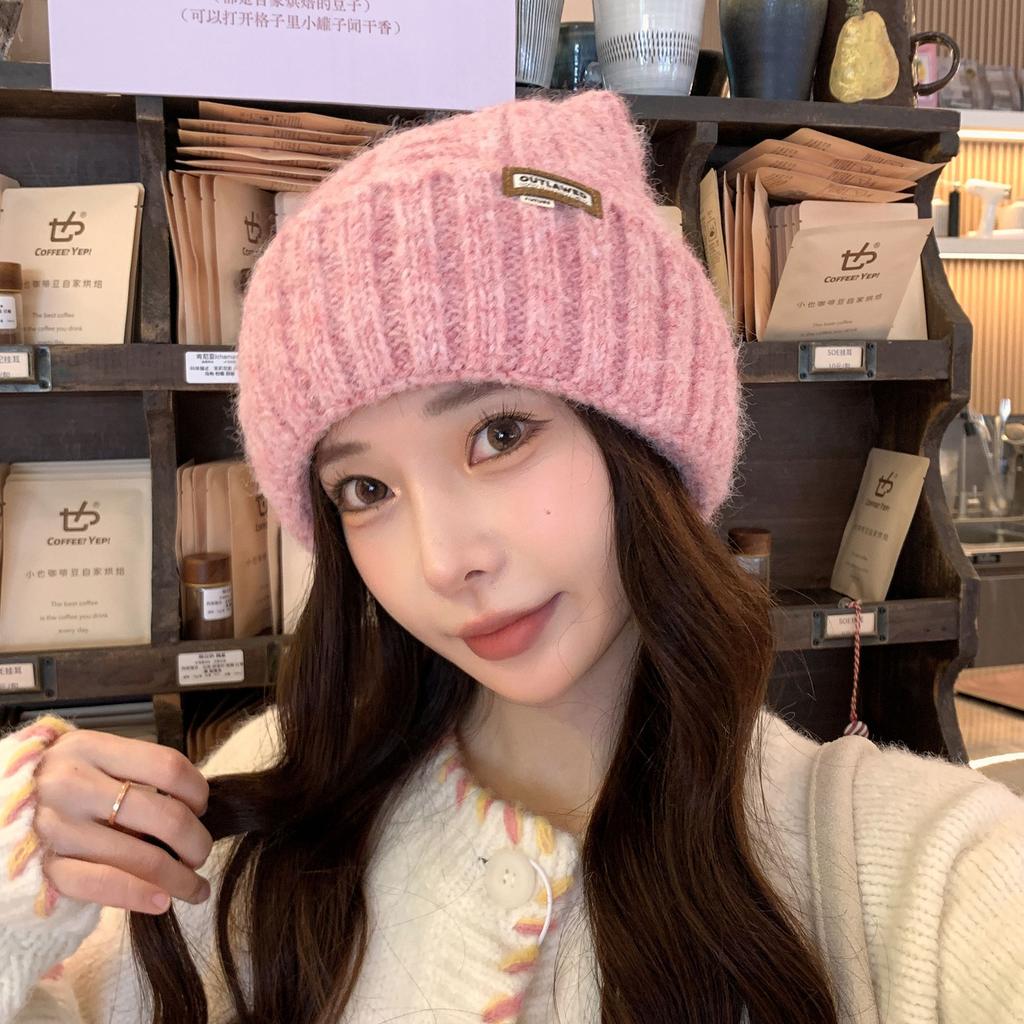 Women's Hat Cat Ear Knitted Hat Autumn Winter Beanie, Cute Letter Tag, Warm Student Style