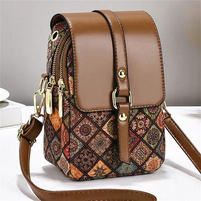 Vintage Boho Crossbody Phone Bag for Women, PU Leather Flap Small Shoulder Bag with Double Zipper Pockets, Ethnic Pattern