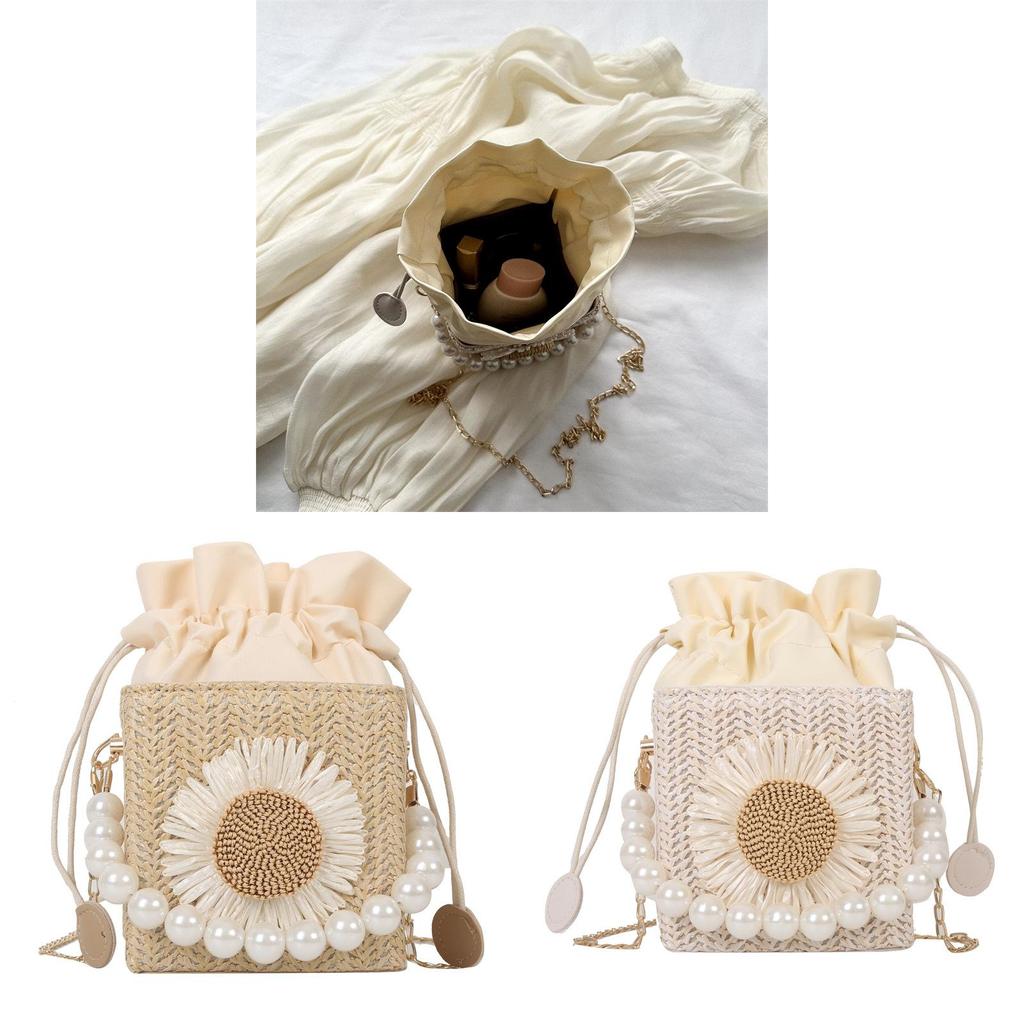 Woven Pearl Chain Shoulder Bag For Women With Drawstring Closure And Mobile Pocket