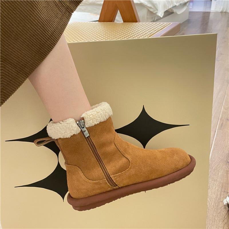 Snow Boots Women's Winter New Retro Velvet Warm Cotton Shoes Flat Bottom Ugly Cute Fluffy Cotton Short Boots