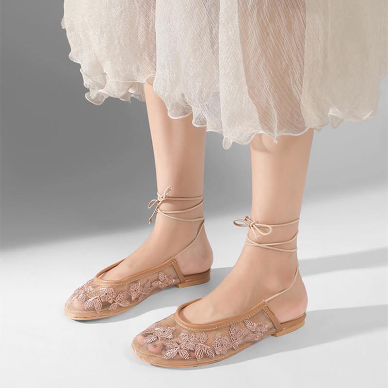 Fashion Fashion Air Mesh Flowers Embroidery Women Ballet Flats Comfortable Soft Soles Lace Up Slingbacks Summer Loafers Casual Shoes