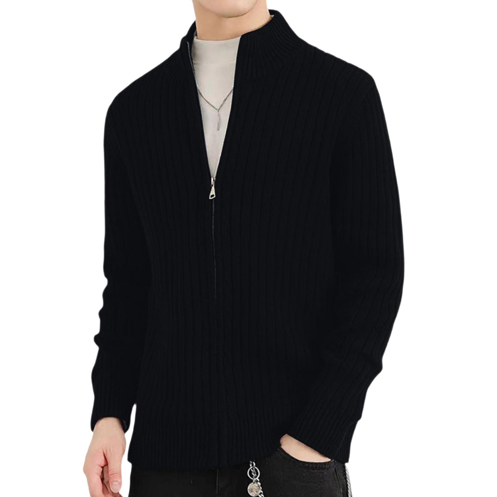 

Men s Standing Collar Add Cotton Adding Fleece Thickened Long Sleeves Color Matching Cardigan Knitting Sweater Coat L