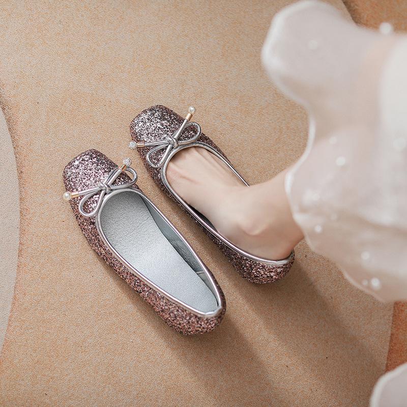 

~ Классические туфли-балетки с круглым носком, бантом, мягкой подошвой, квадратным носком, жемчужной отделкой, серебристые, одинарные, женские 39