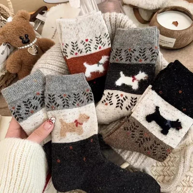 1/5pairs Plush Warm Puppy Socks Women Winter Color Block Mid Calf Soft Fluffy Fabric American Retro Cartoon Design Cozy Cotton
